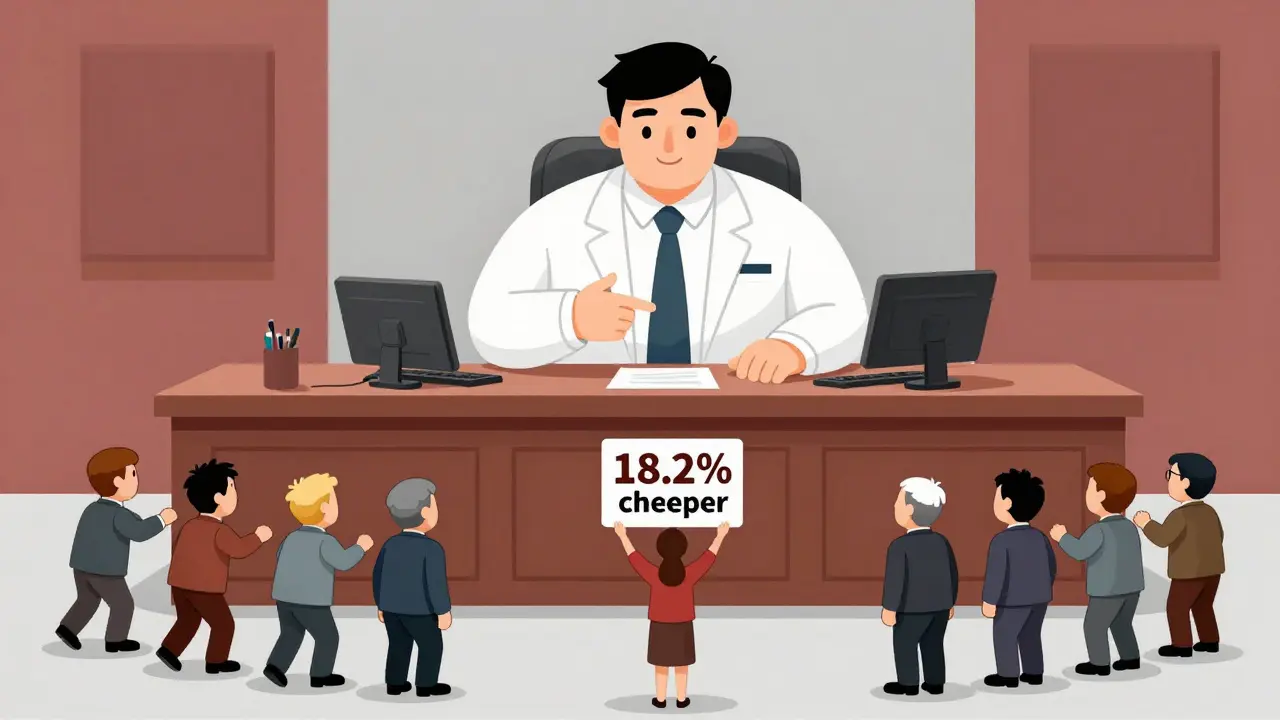 大手製薬会社がジェネリックで市場を独占し、小さな競合を押し退ける様子。