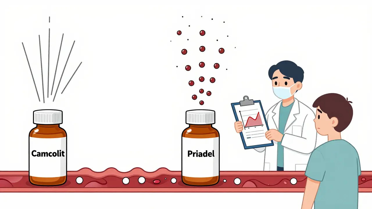 二つのリチウム製剤が血液中に異なる吸収パターンで放出される様子を医師と患者が見つめるイラスト。
