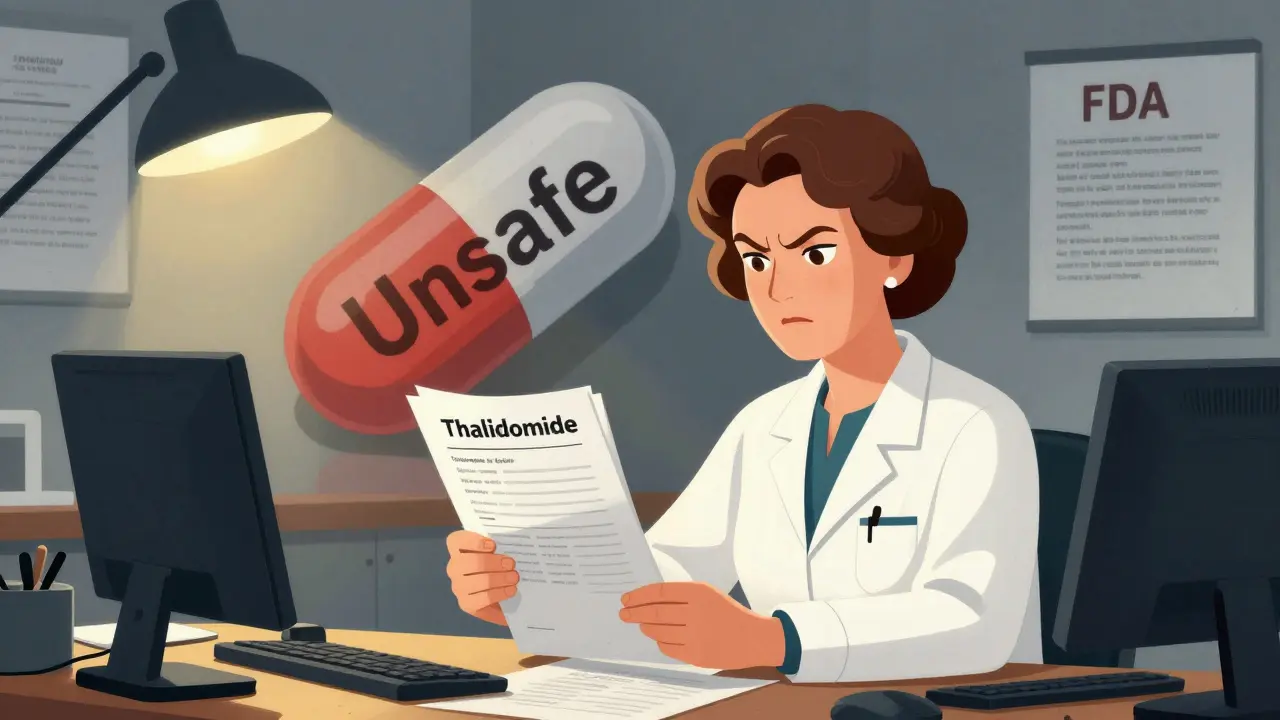 FDAの医師フランセス・ケルシーがサリドマイドの不十分なデータを握りしめ、周囲の承認書と対峙するシーン。