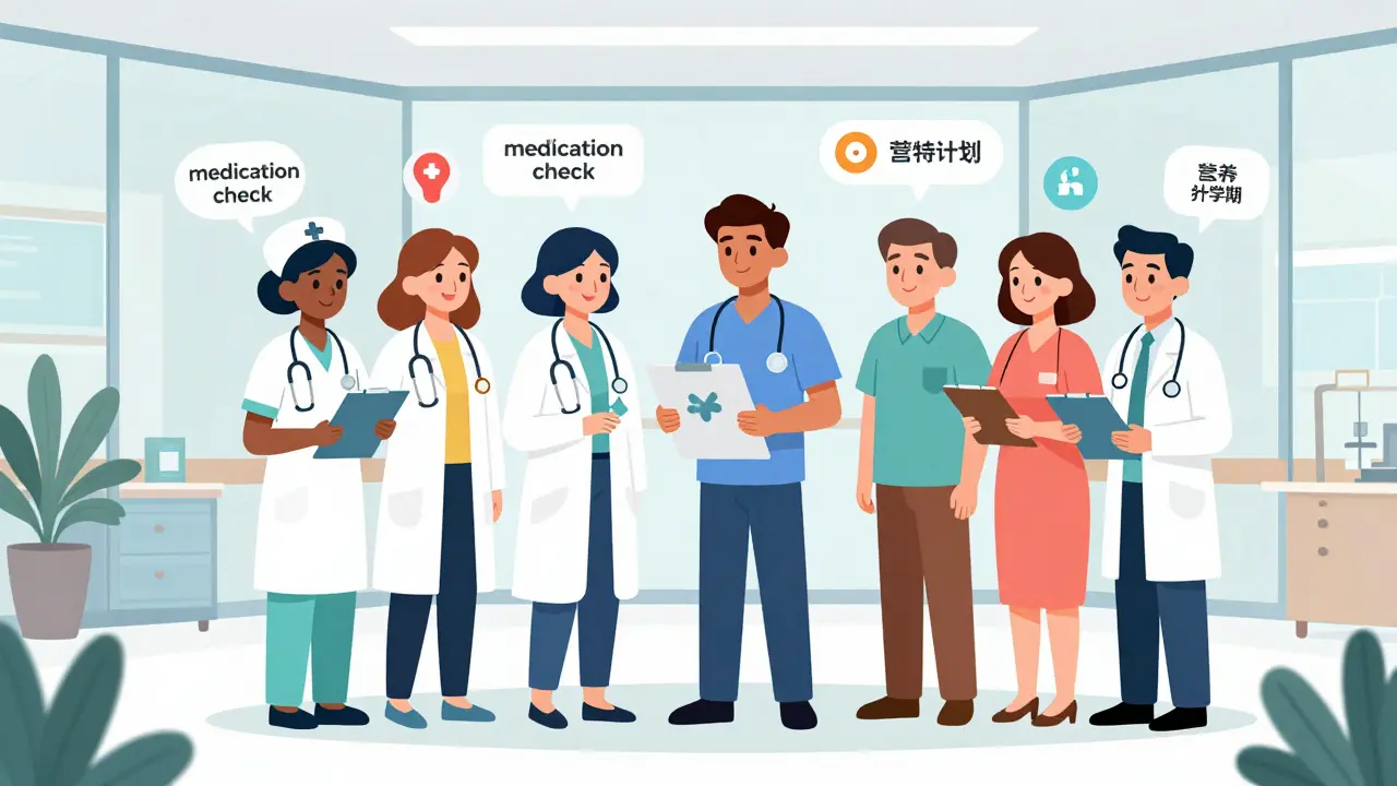 複数の医療専門家がチームで患者のケアを協力して考えているシーン。