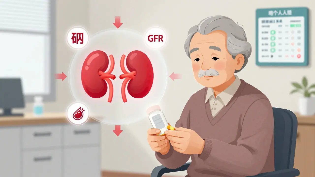 高齢患者がリチウムを服用し、腎臓と甲状腺の機能がリアルタイムでモニターされる医療イラスト。