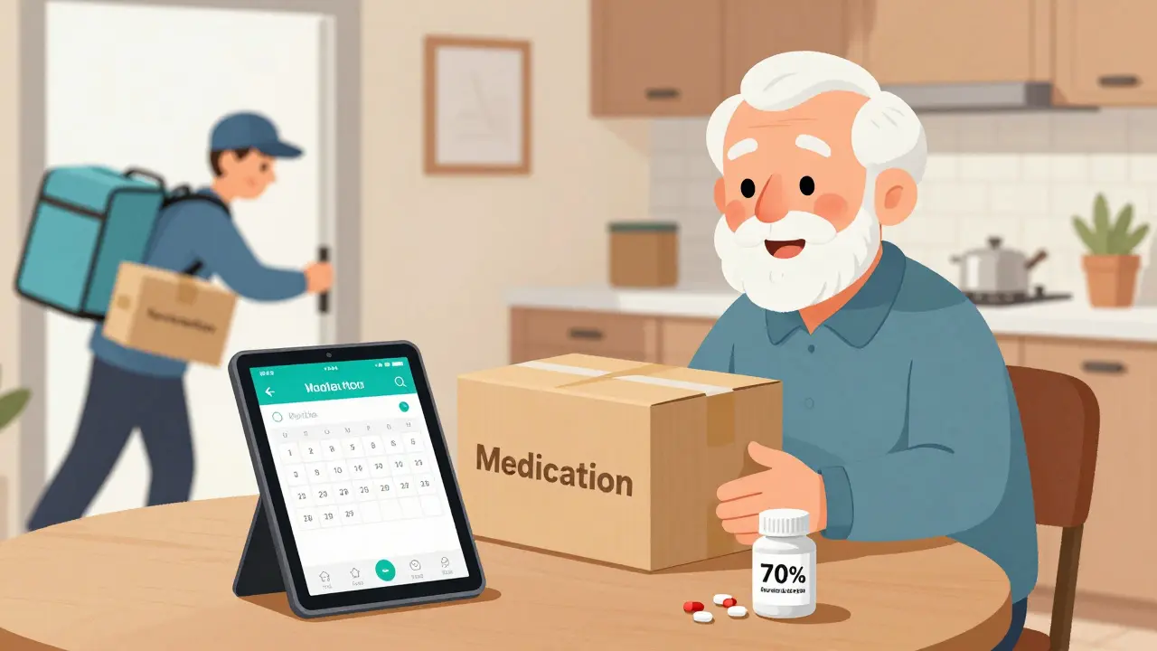 高齢者が宅配で届いた薬を受け取り、タブレットに自動再発行の画面が表示されている。