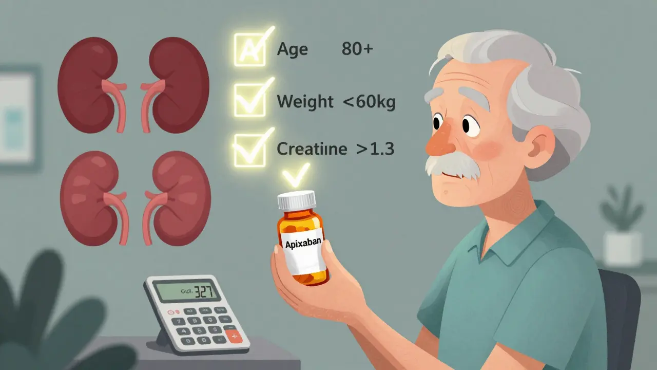 高齢で痩せた患者がアピキサバンを服用し、ABCルールの3条件のうち2つが適用されている様子。