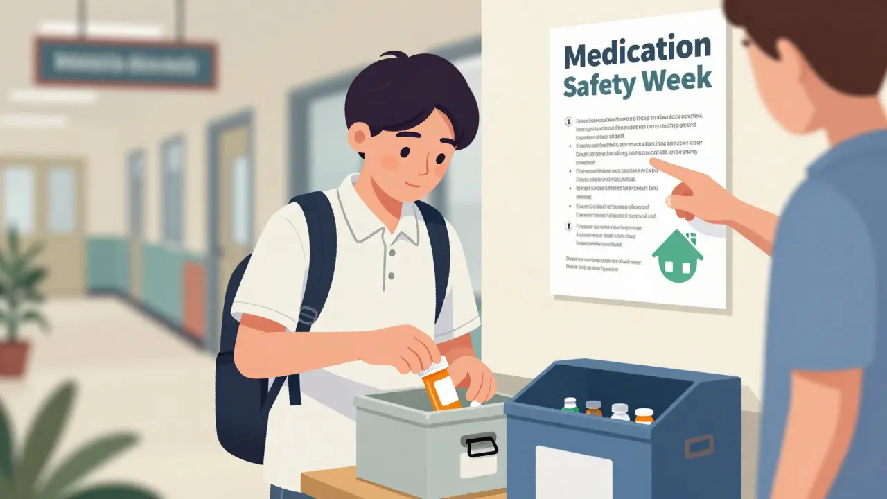 高校生が鍵付き薬箱に薬を収納し、薬局の回収ボックスを指差している。