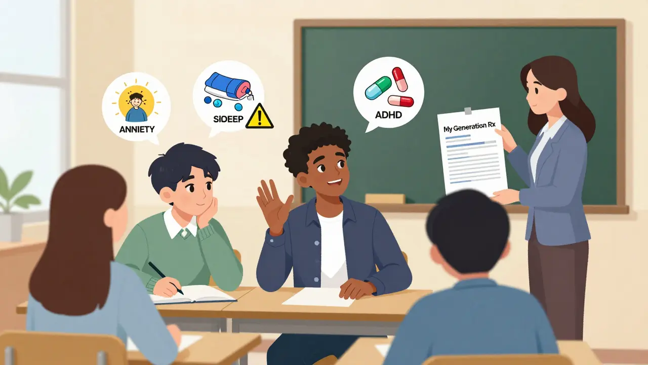 高校生が友人に処方薬の誤用を断る様子を、クラスメートと教師が見守っている。