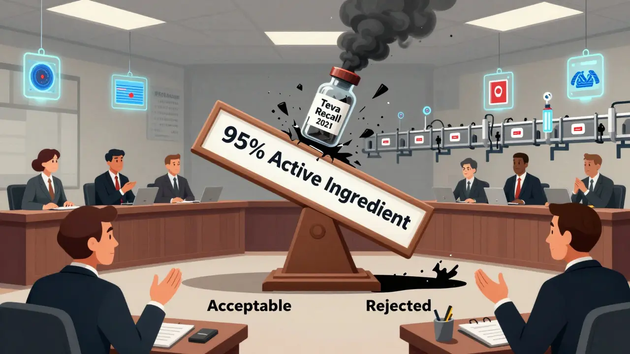 規制当局が薬品の安定性データを審査する様子と、過去の回収事例を象徴するイラスト。