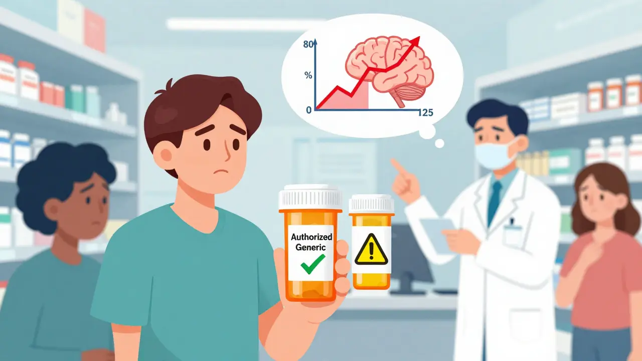 患者が薬局でNDCコードを確認し、血中濃度の違いを示す脳の図が浮かぶ情景。