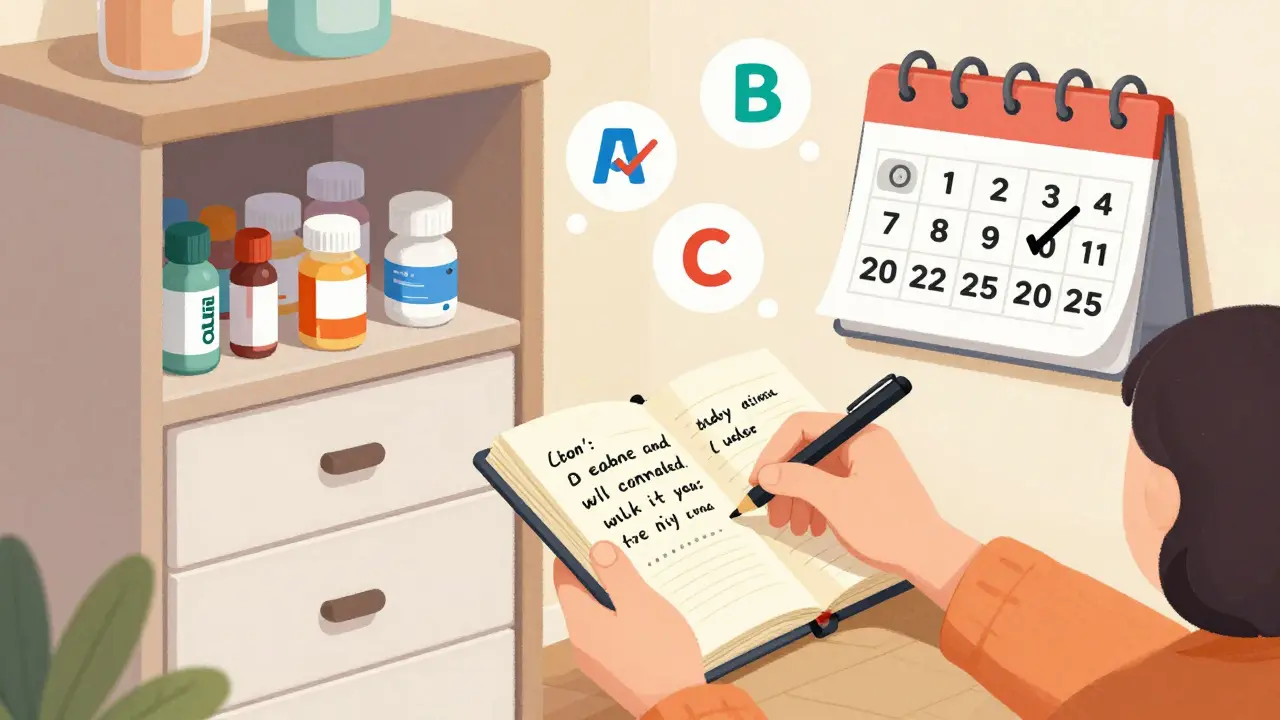 患者がジェネリックのメーカー変更を手帳に記録し、FDAの認定ロゴが周囲に浮かぶ。