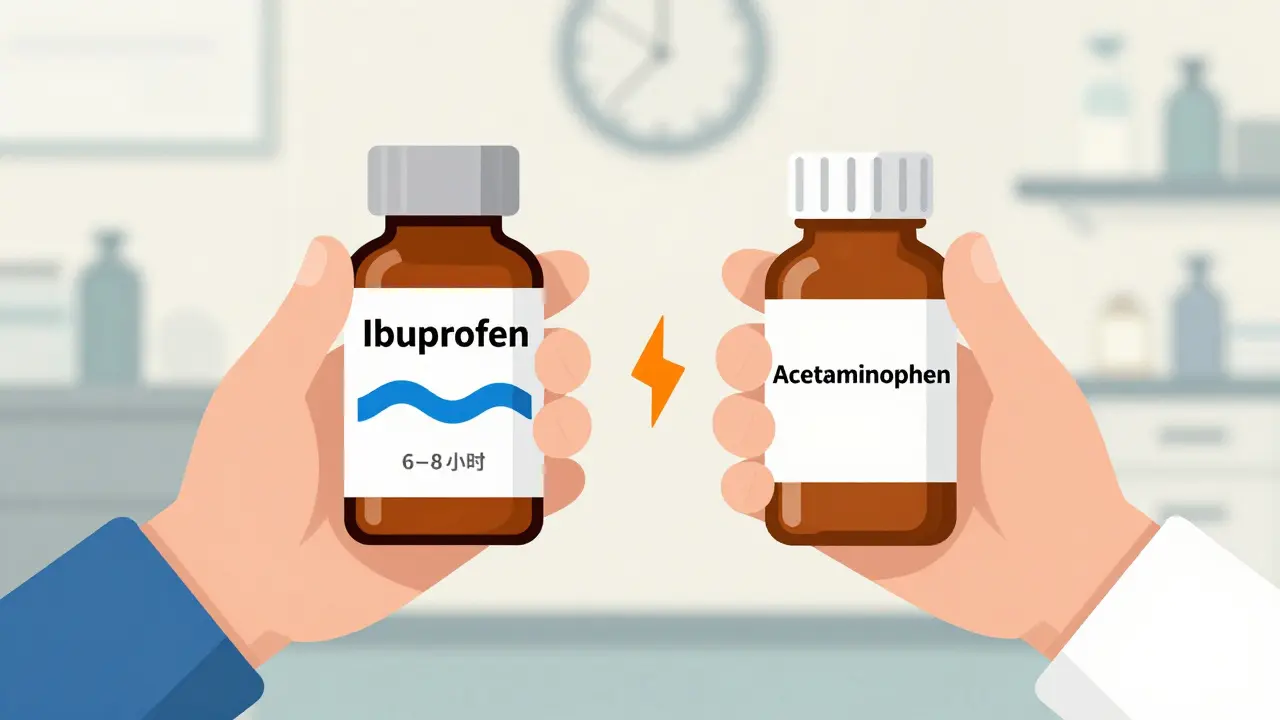 イブプロフェンとアセトアミノフェンの効果持続時間の違いを視覚的に比較した薬瓶のイラスト。