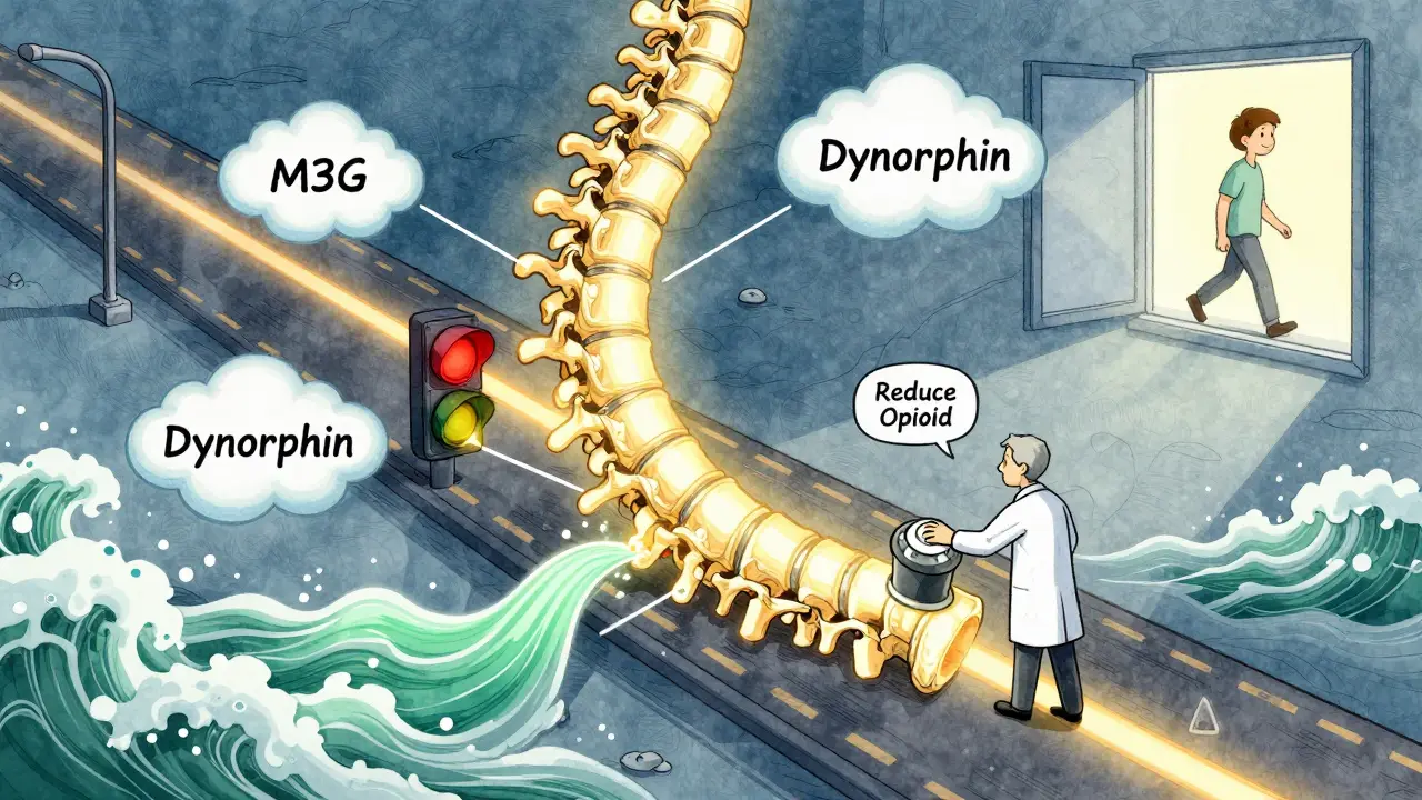 脊髄の神経回路に過剰な痛み信号が流れ、薬の減量と治療で改善する様子を視覚化したイラスト。