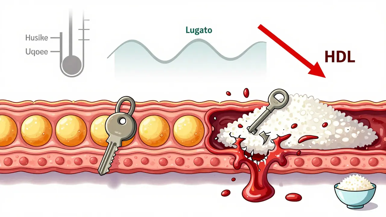 健康な細胞と機能不全の細胞を対比したイラスト。インスリンの鍵が壊れ、糖が溜まっている様子。