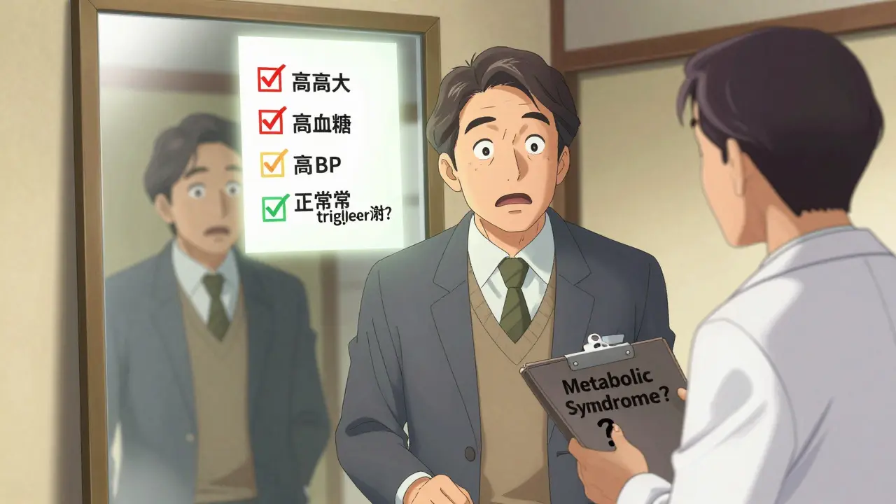 鏡に映る男性の姿。背後には医師が代謝症候群の疑いを示すチェックリストを持ち、自身の健康状態に気づく瞬間を描く。