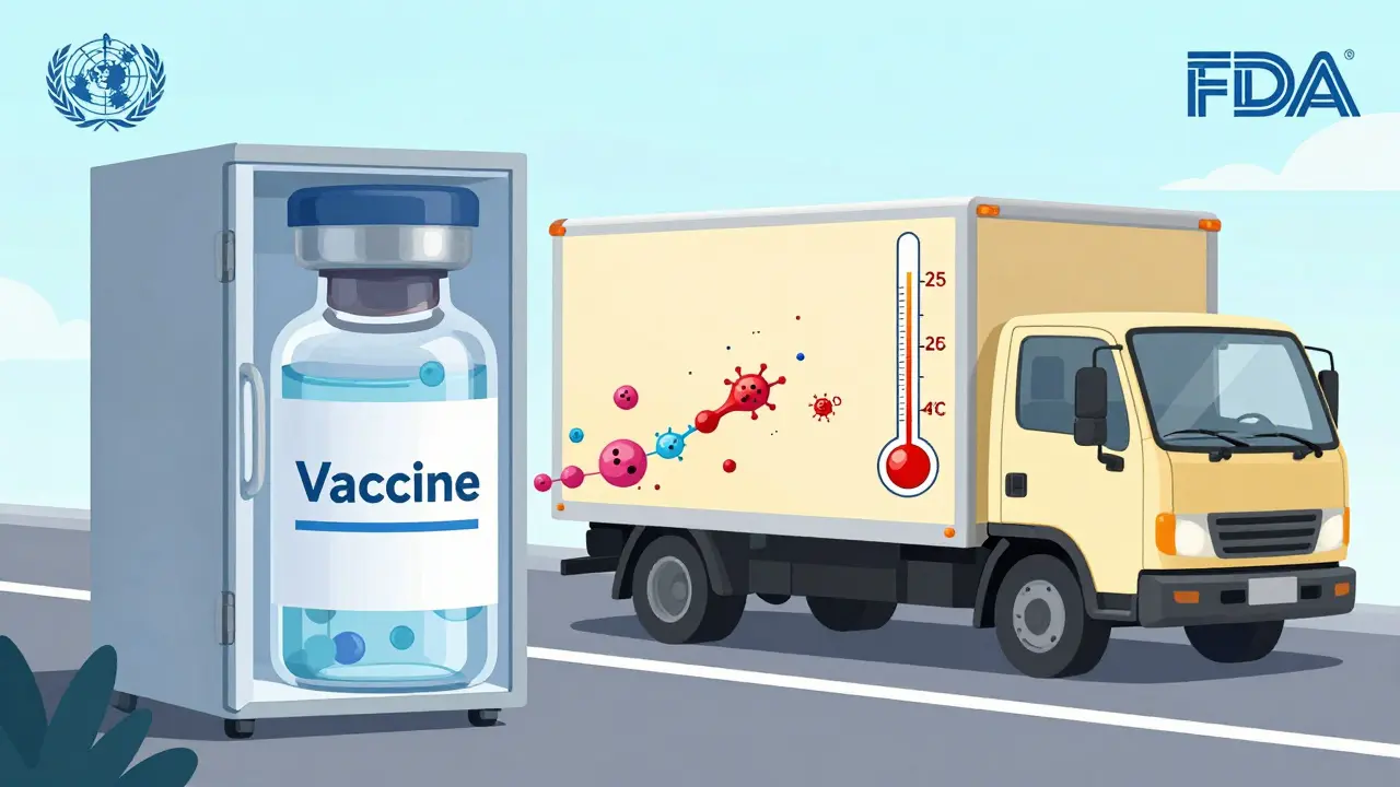 冷蔵ワクチンが室温に移された際にタンパク質が変性する様子を描いたイラスト。