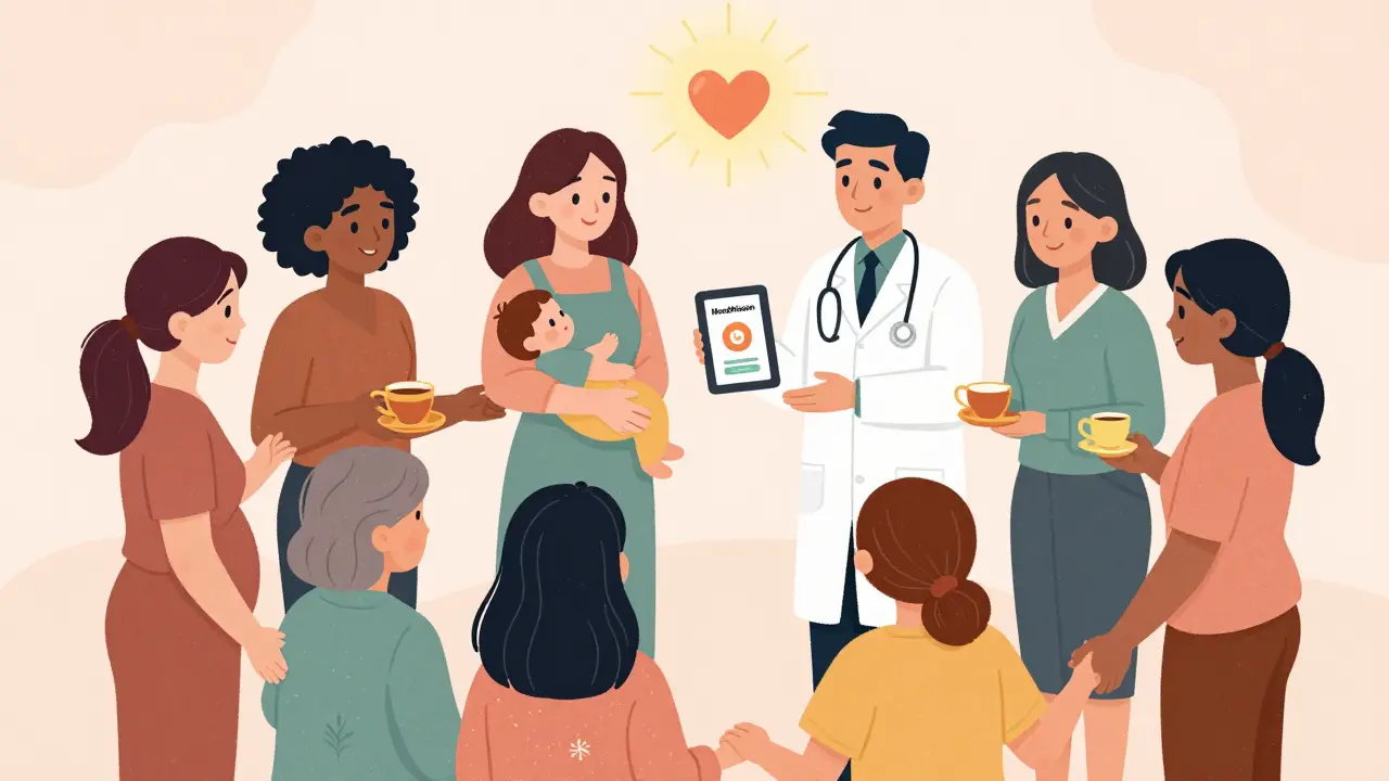 母親を囲む支援の輪。医師、友人、アプリが心の回復を支える温かいシーン。