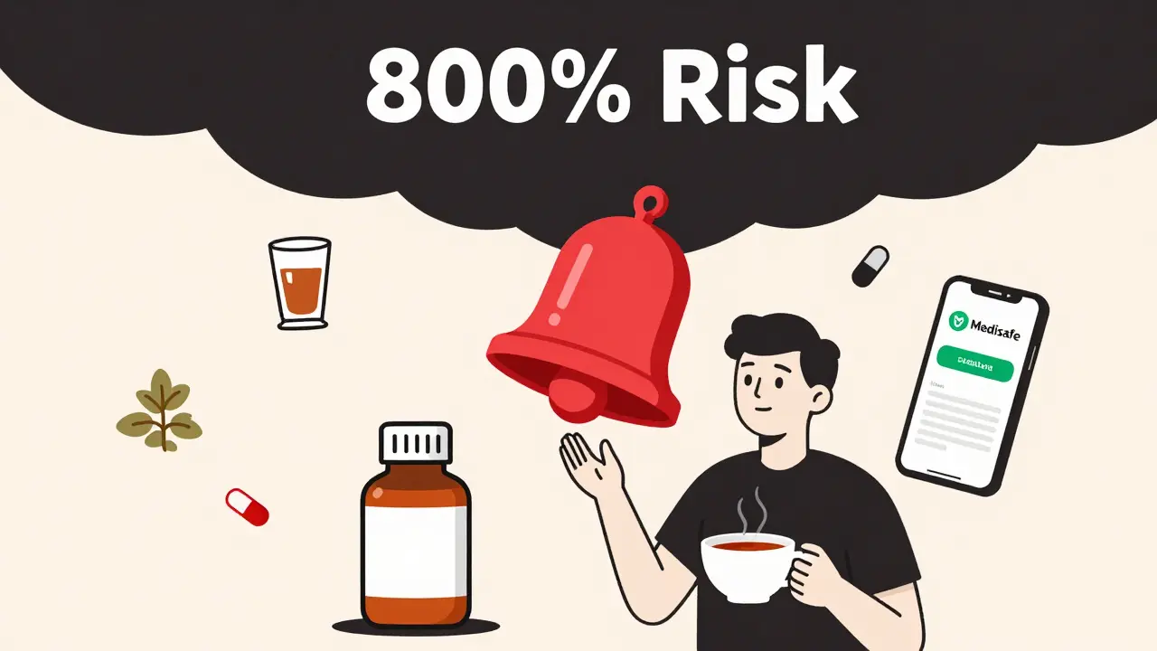 お酒と鎮痛薬を併用するリスクを巨大な警報で描いた、サステナブルなイラスト。