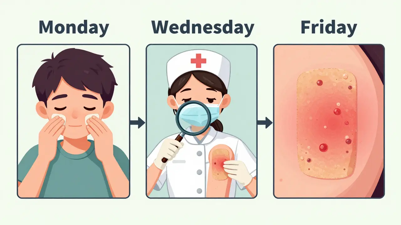 パッチテストの3日間のプロセス：貼付、除去、反応確認を3つのシーンで視覚化。