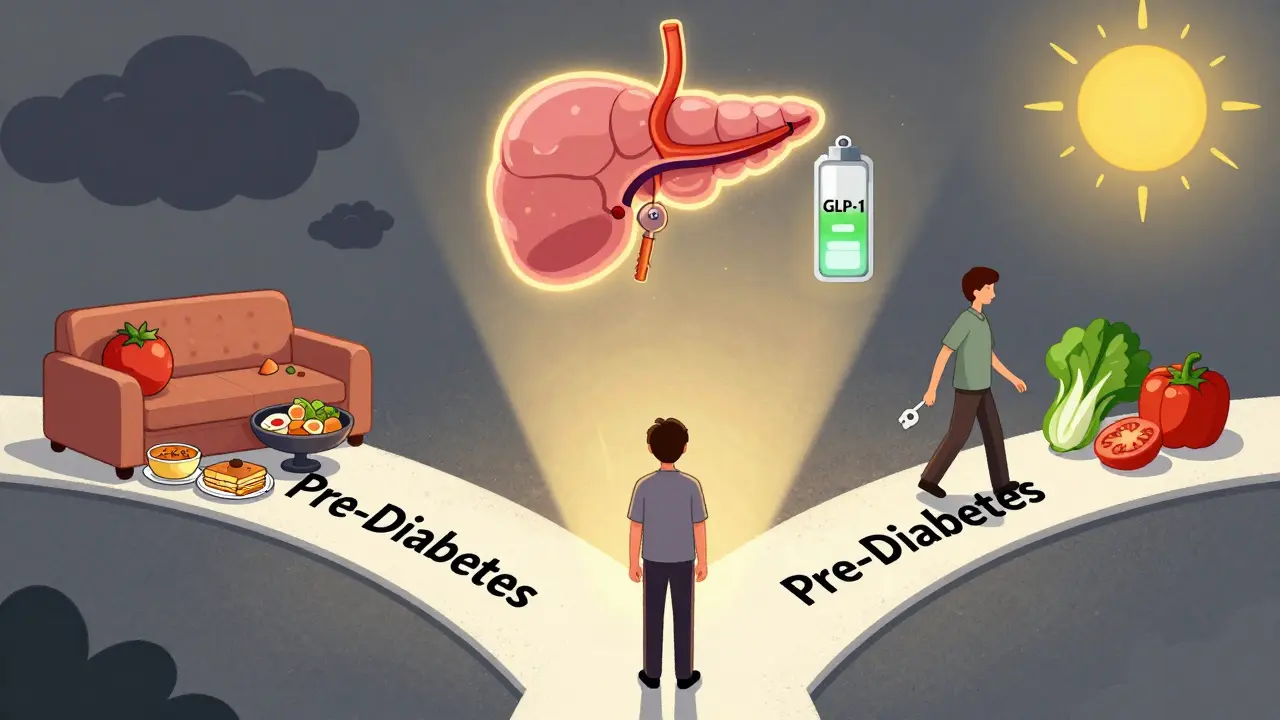 前糖尿病の選択肢を示す道のイラスト。健康的な生活と不健康な生活の対比。