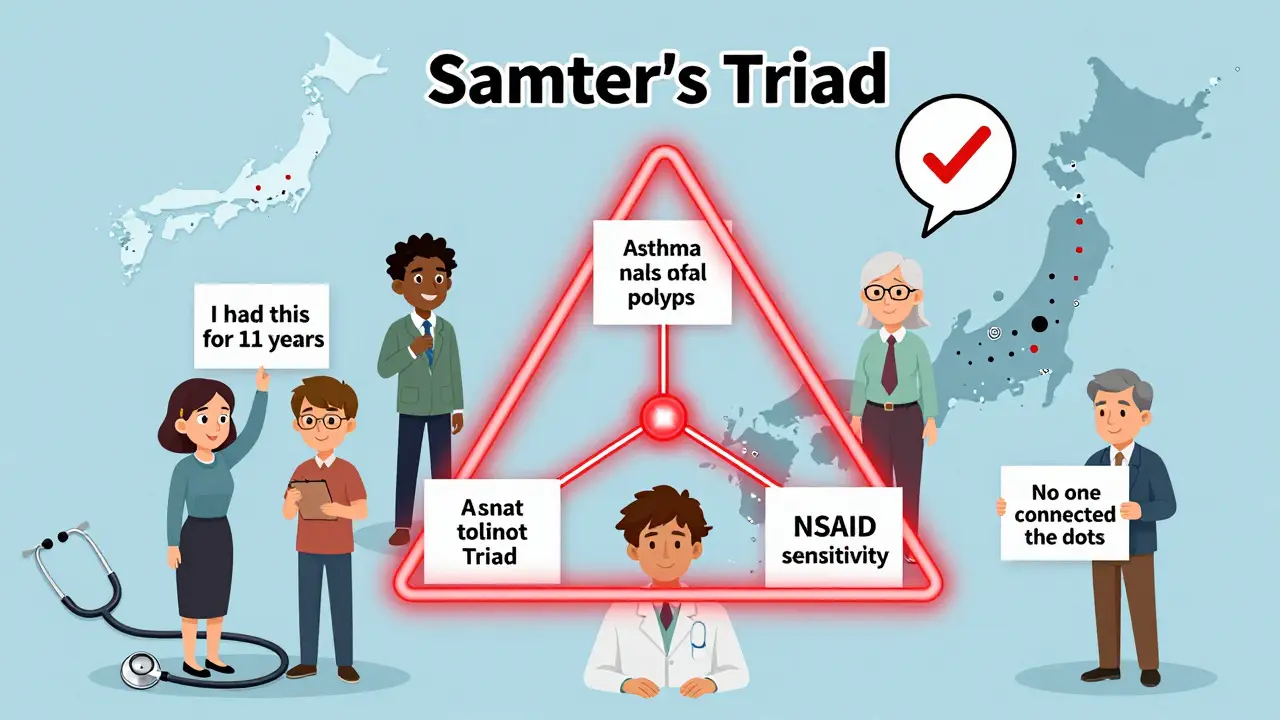 サンター三徴の3つの症状が三角形で結ばれ、診断の遅れを示す患者たちの声と専門施設の少なさを描いたイラスト。