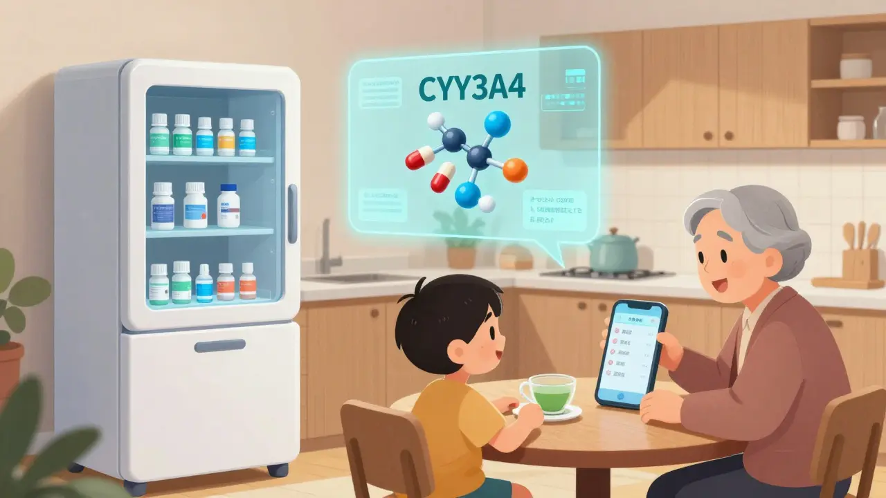 スマート薬箱がAIで薬の相互作用を可視化し、家族が確認している様子。