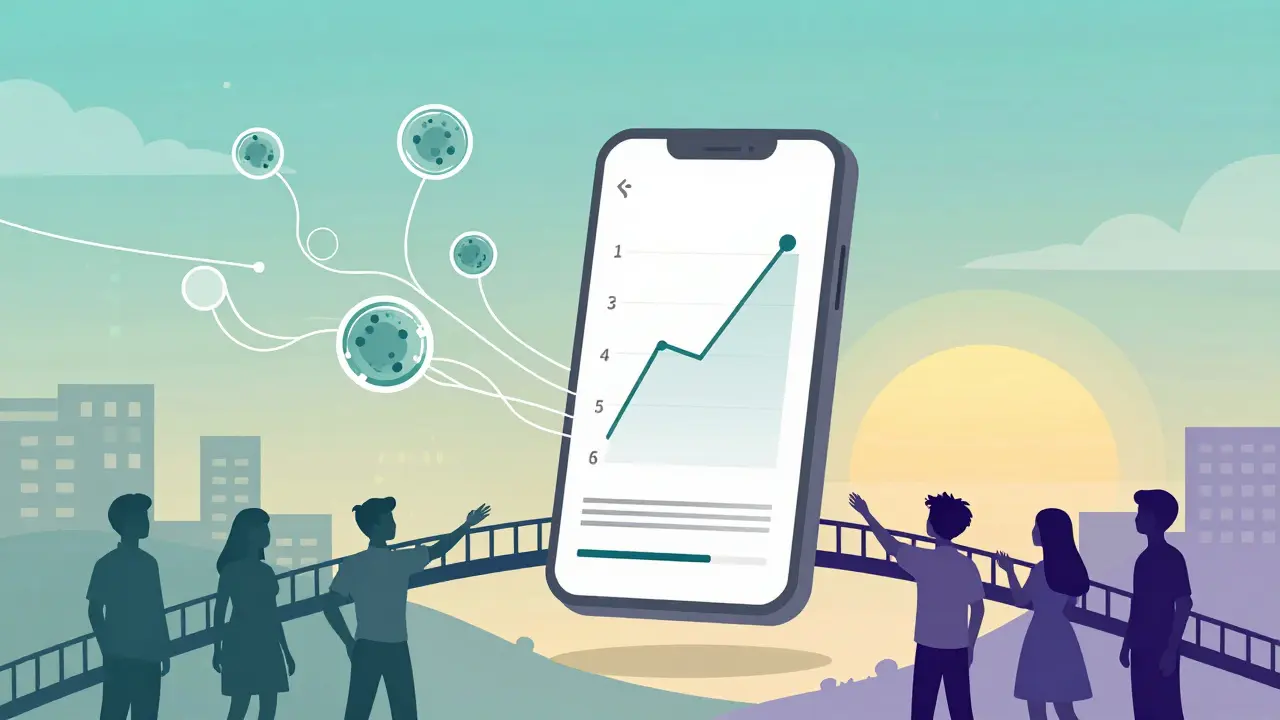 スマートフォンの気分トラッカーとバイオマーカーが未来への橋を築く様子。