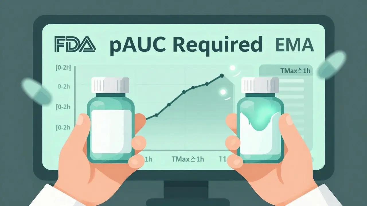 同じ薬でも吸収タイミングが異なる様子を、薬剤師と時間軸のグラフで対比したイラスト。