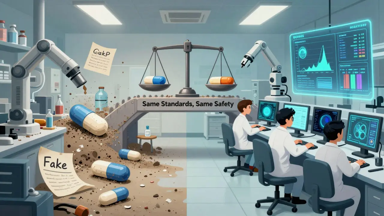 偽薬の不衛生な工場と正規の電子品質管理室を対比させたイラスト、AIが薬をスキャン中