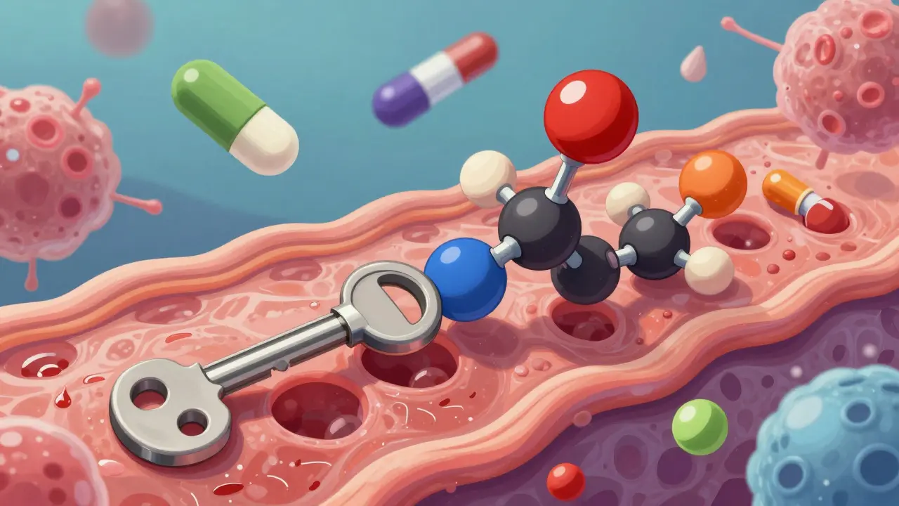 細胞の受容体に薬が結合する様子を鍵と鍵穴で表現した分子レベルのイラスト。