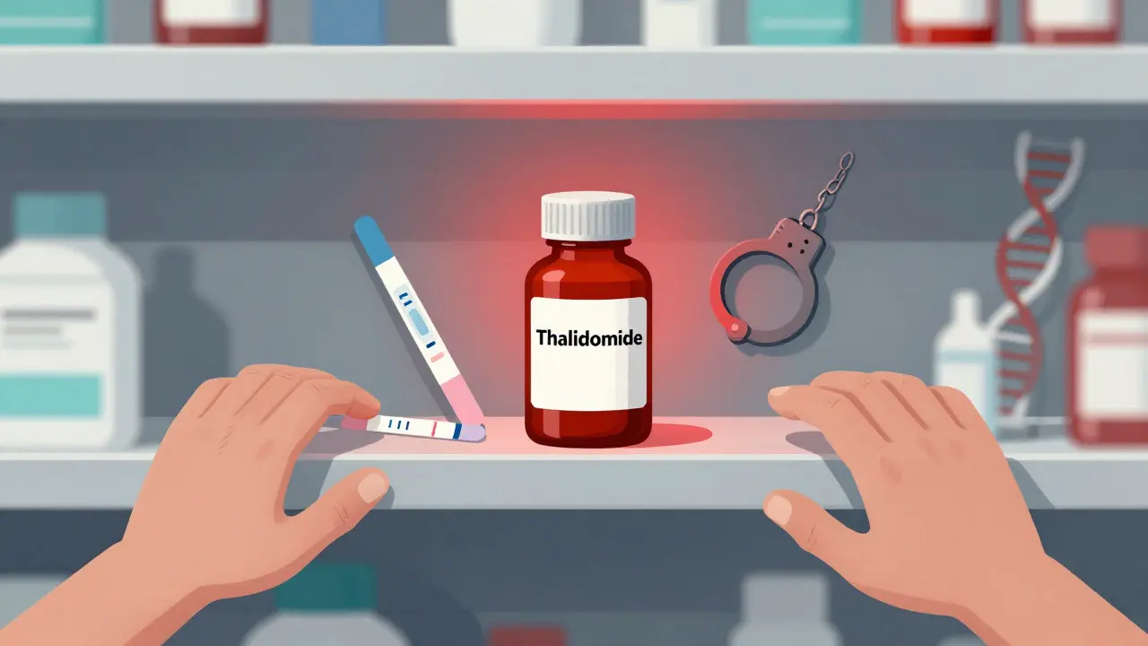 現代の薬局でサリドマイドの薬瓶が赤い警告灯に照らされ、妊娠検査とがん治療の手が向かう姿。