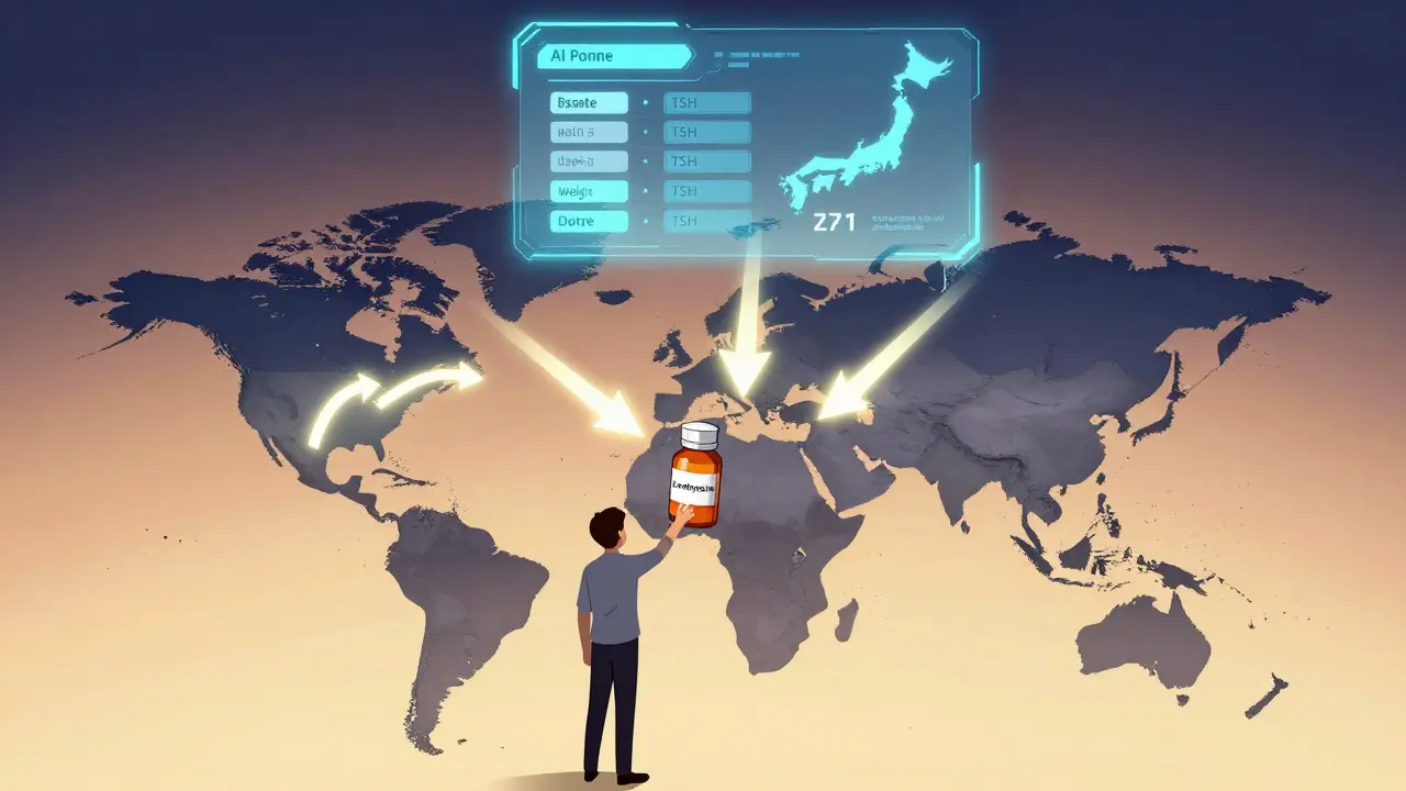 先進国と低所得国での甲状腺薬のアクセス差を描いた世界地図とAI予測のイラスト。