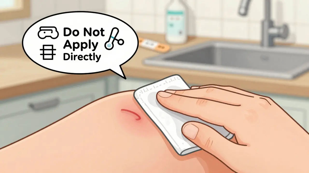 小さな傷の周囲にポビドンヨードを塗る手の様子。傷には直接塗らないことが強調されている。