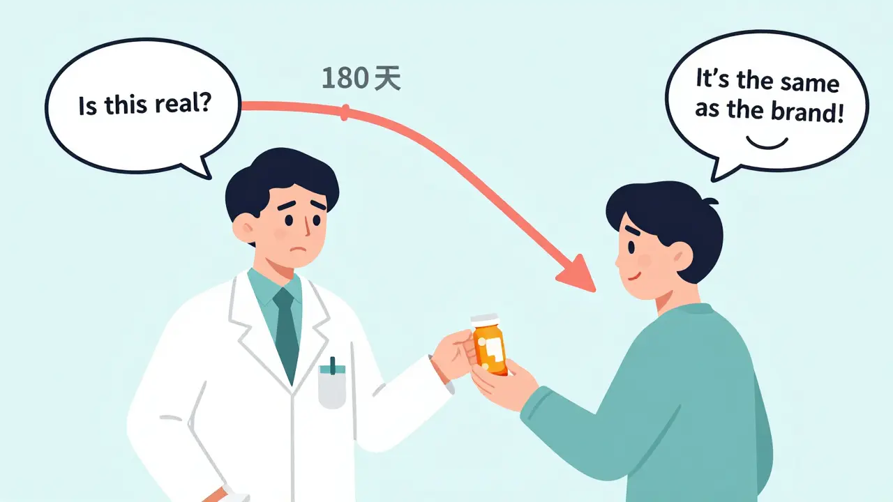 薬剤師が患者に薬を渡し、思考の中にブランドとジェネリックの違いを示す。