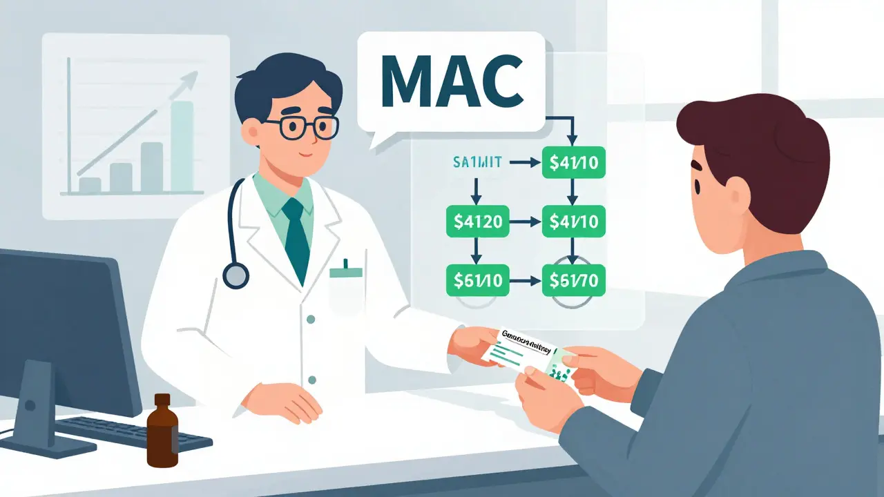薬剤師がジェネリック薬を渡し、価格構造が見える透明な図解が背景に浮かぶ。