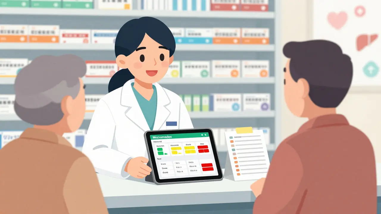 薬剤師がタブレットで薬の相互作用を確認しながら高齢者に説明している。