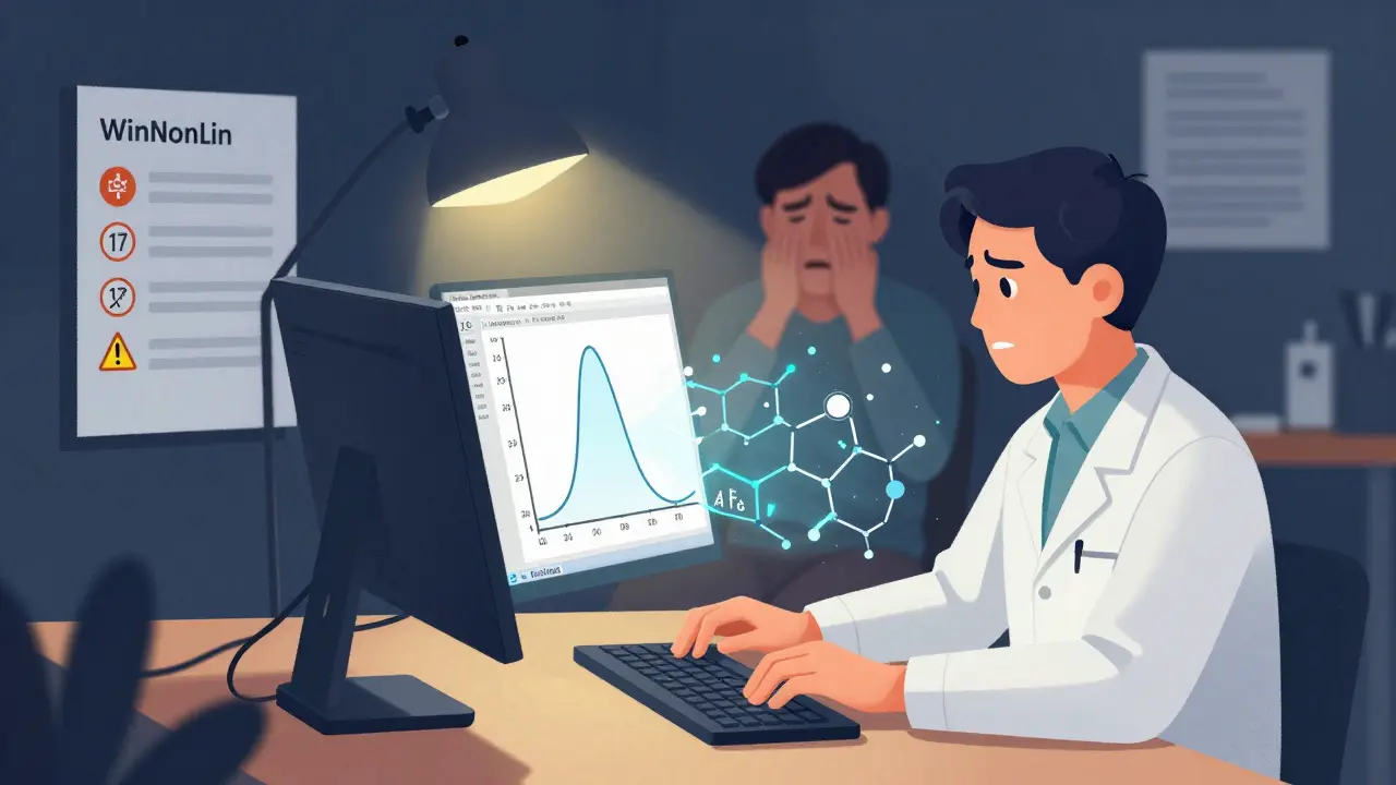 薬物動態解析ソフトでpAUCを計算する研究者と、遅れた効果で苦しむ患者を描いた editorial illustration。