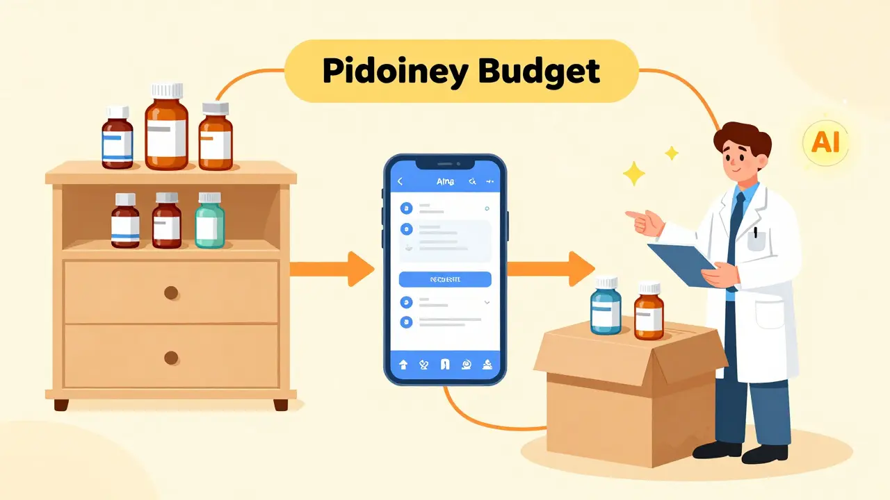 薬の再発行プロセスをステップごとに示すカラフルなフローチャートとAIのアイコンが描かれている。
