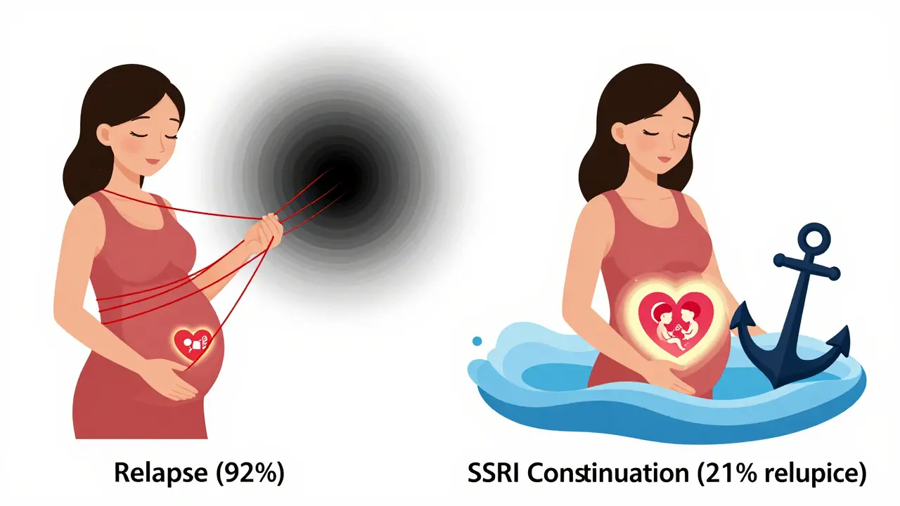 薬をやめた妊婦と続けた妊婦の対比図。一方は暗闇に引き込まれ、もう一方は安定した安らぎの中にいます。