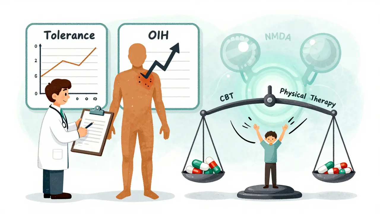 医師が耐性とOIHの違いを比較するチャートを見ながら、治療法を示すイラスト。
