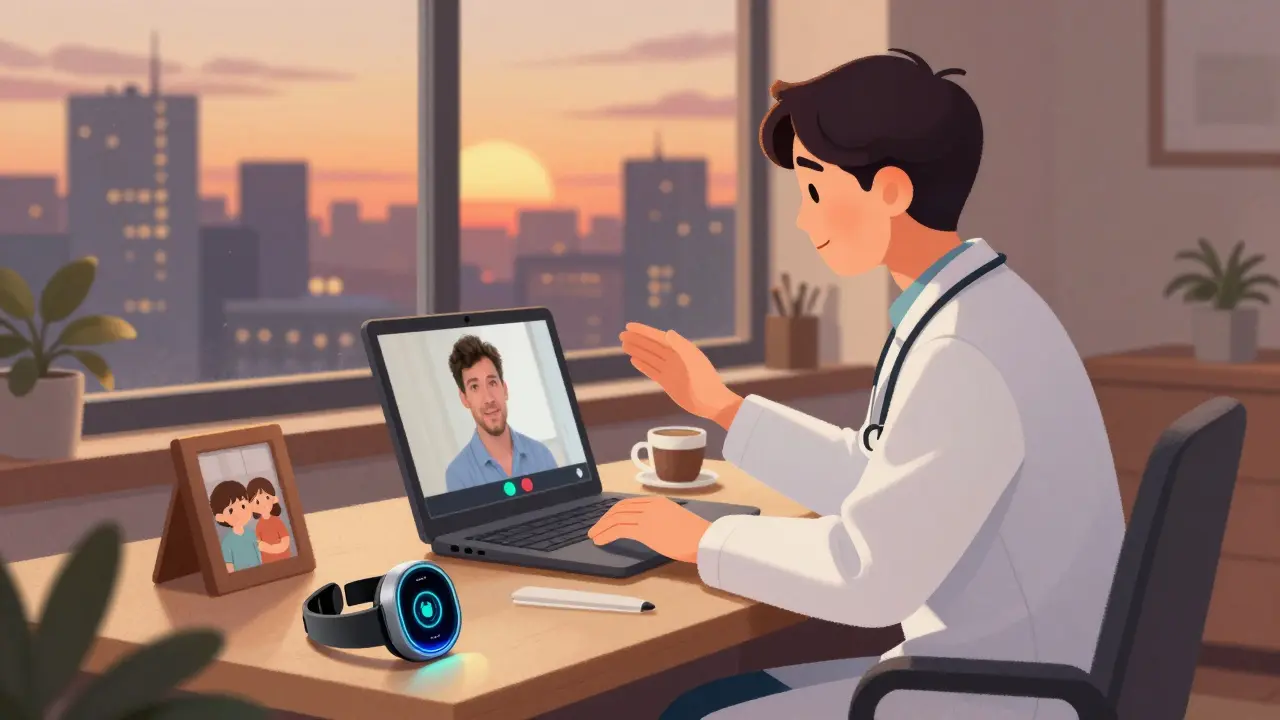 医師が自宅で遠隔診療を行い、家族の写真とウェアラブルデバイスがそばにある。