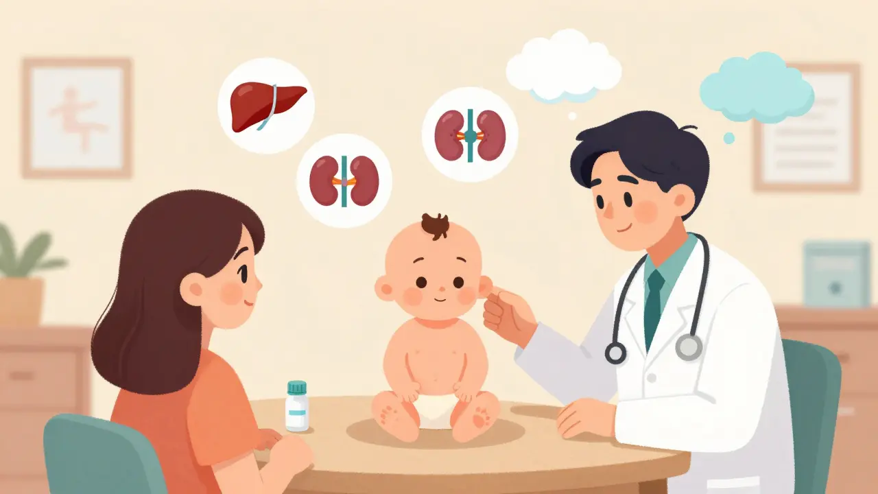 医師が8kgの赤ちゃんの体重に応じた薬の用量を親に説明している診察室の様子。