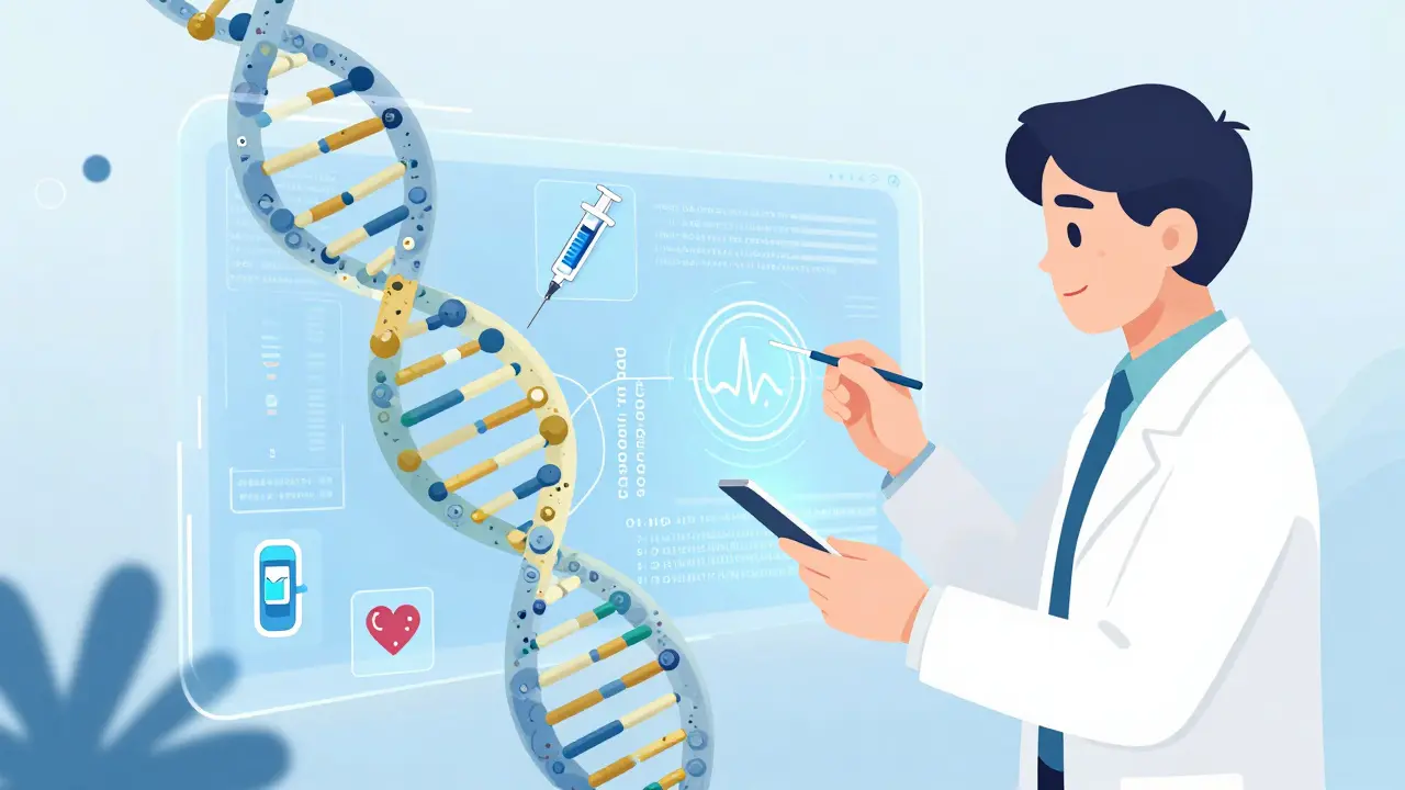 遺伝子とAIが連携して個別化医療を実現する未来の医療シーンを描いたイラスト。