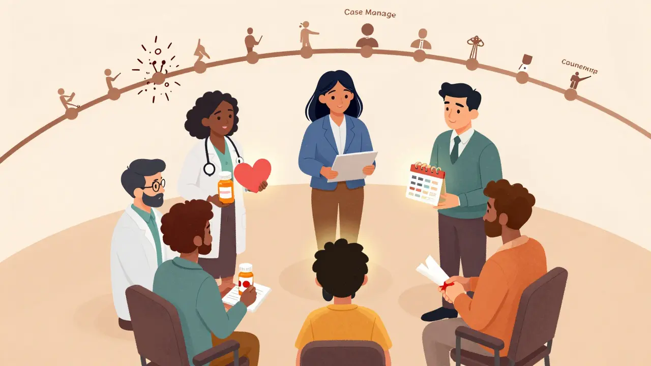 専門家たちが若者を囲み、支援の輪を形成している様子。