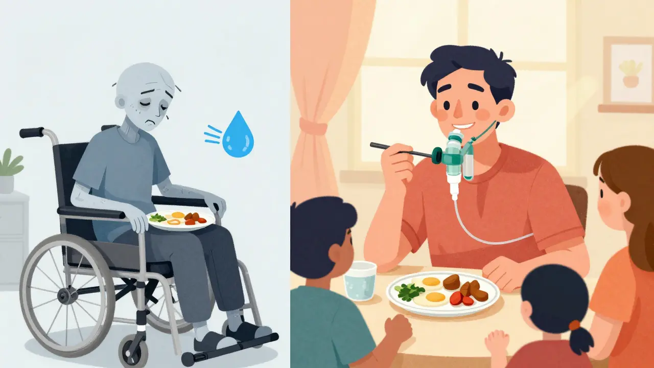 ALS患者がPEG管と携帯型人工呼吸器を使い、家族と笑い合う明るい光景。