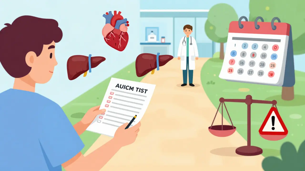 代謝異常の警告と予防ケアの道を対比させたイラスト。患者が検査と生活習慣改善へ向かう様子。