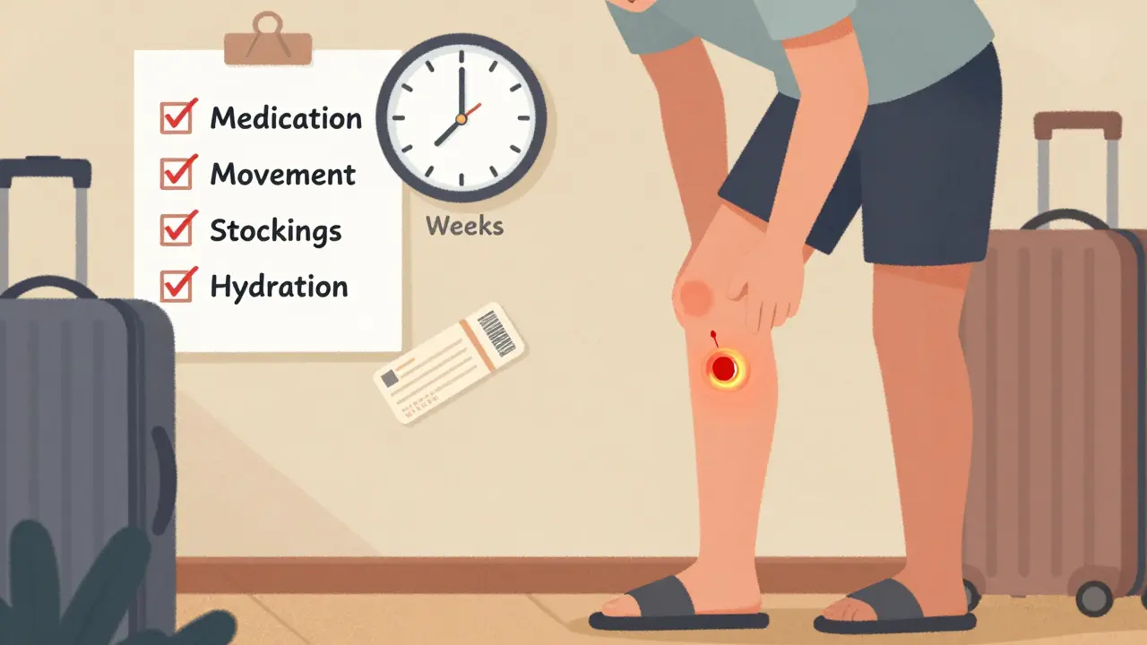 帰国後、足の腫れに気づく旅行者と、8週間の経過を示す時計のイラスト。