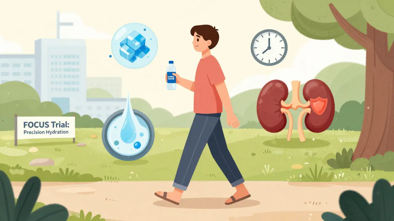 患者が散歩しながら足首を動かし、体内の水分バランスを示す視覚的メタファーが浮かんでいる様子。