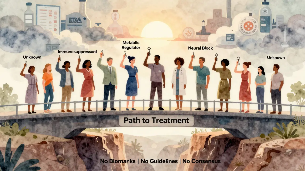 患者たちが不明な治療の橋を渡り、その下には診断の欠如が描かれている。