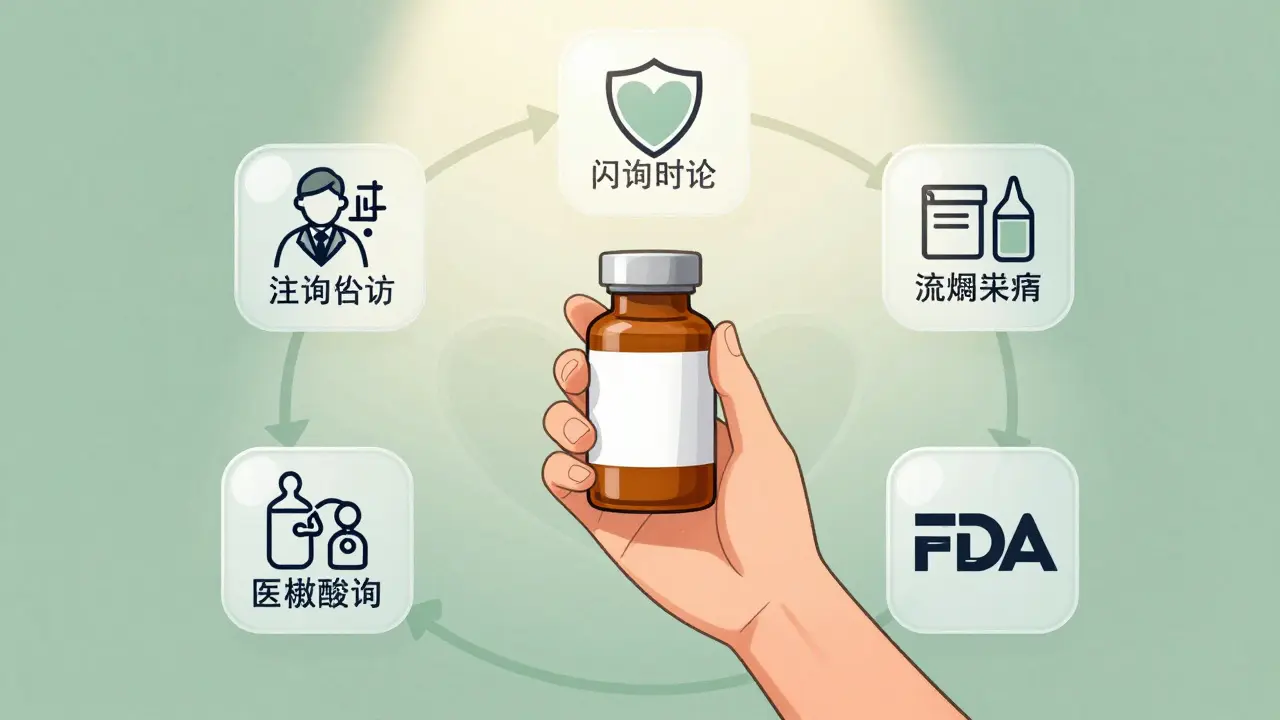 ジェネリック薬が回収されたときの4つの正しい対応ステップを視覚化したイラスト。