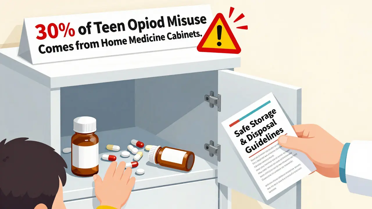 家庭の薬箱から若者がオピオイドを不正使用しようとしている様子と、医師による安全な管理の呼びかけ。