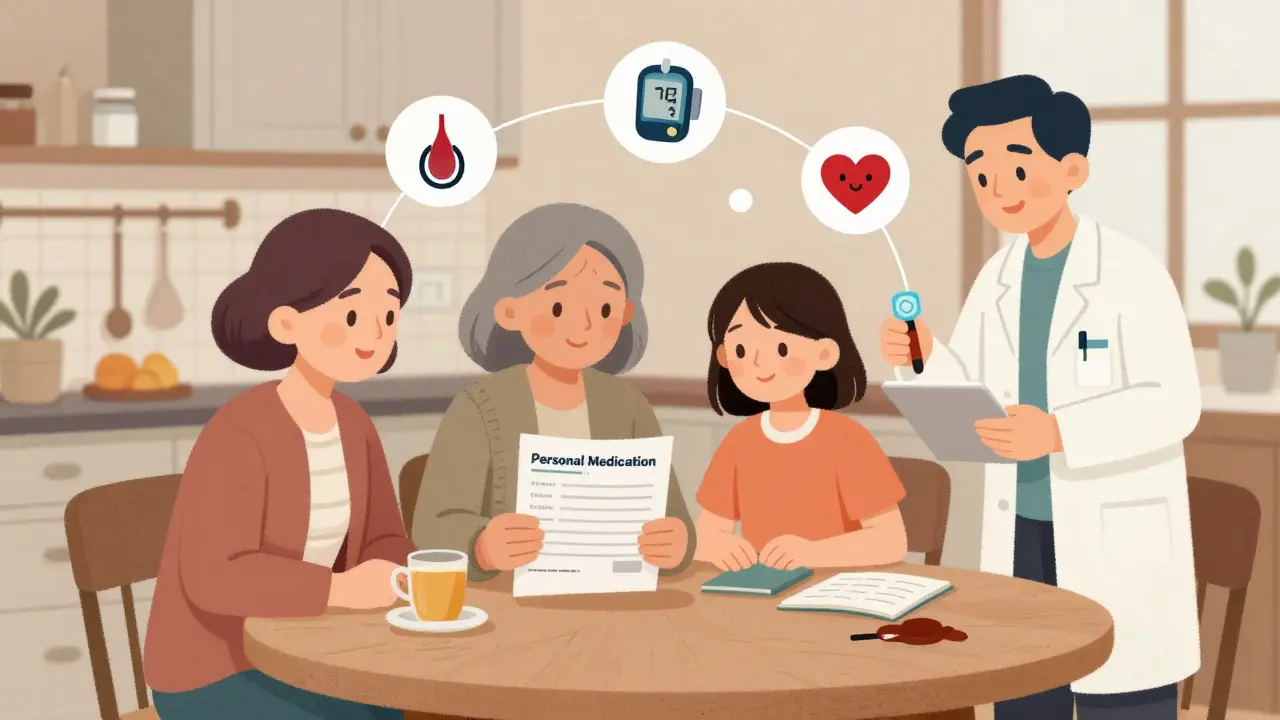 家族と薬剤師が自宅で薬の記録を共有している場面。