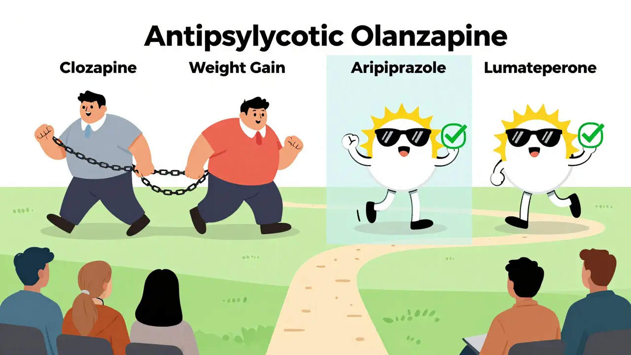 抗精神病薬の代謝リスク比較をキャラクター化したイラスト。リスクが高い薬と低い薬が対比されている。